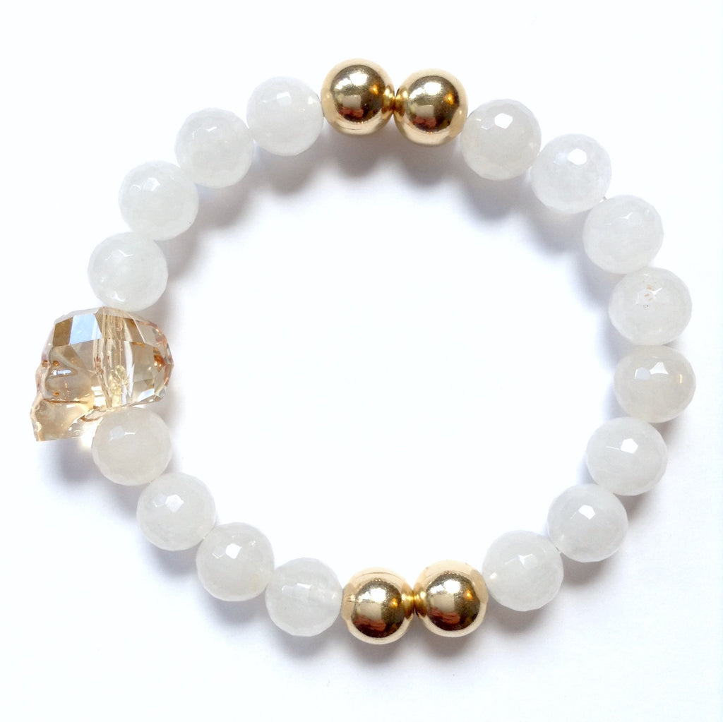Solid Design Studios Swarovski Crystal Skull With Faceted White Agate & Gold–Filled Stretch Bracelet
