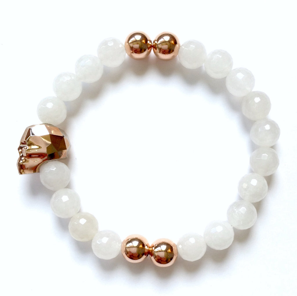 Solid Design Studios Swarovski Crystal Skull With Faceted White Agate & Rose Gold–Filled Stretch Bracelet