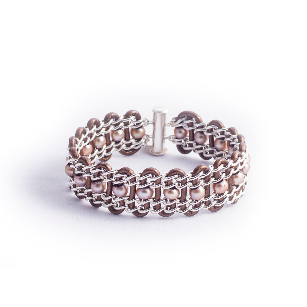 Halifax Bracelet — Sterling Silver Chain With Champagne Pearls on Bronze Leather