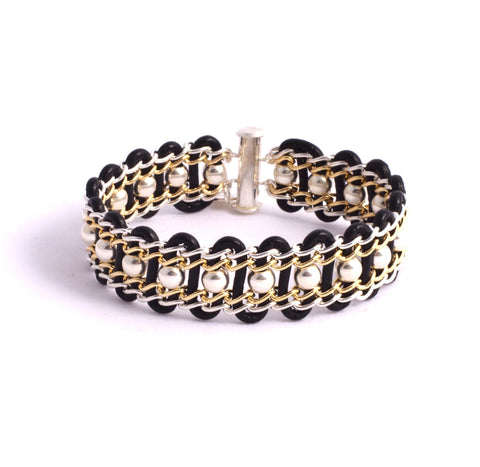 Halifax Bracelet — Sterling Silver & 14k Gold-Filled Chain With Sterling Beads on Black Leather