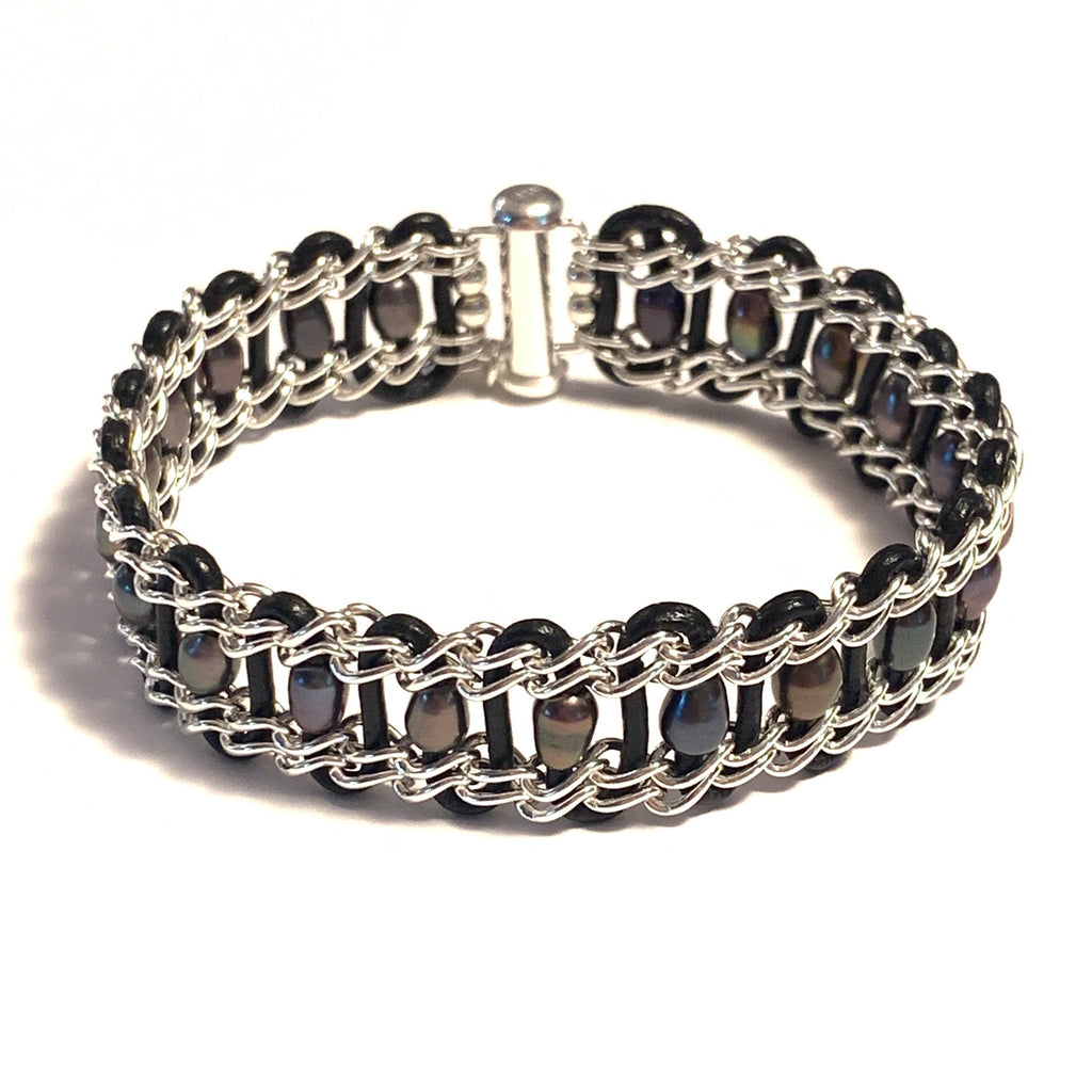 Solid Design Studios Halifax Bracelet — Sterling Silver Chain With Peacock Pearls on Black Leather