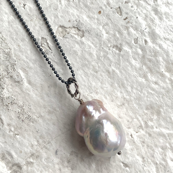 Ultra Baroque Pearl Necklace - Iridescent Pearl on 34-Inch Oxidized Sterling Chain