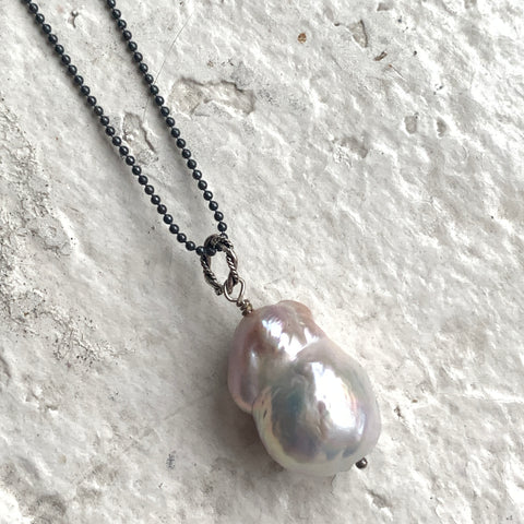 Ultra Baroque Pearl Necklace - Iridescent Pearl on 34-Inch Oxidized Sterling Chain
