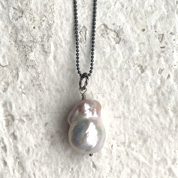 Ultra Baroque Pearl Necklace - Iridescent Pearl on 34-Inch Oxidized Sterling Chain