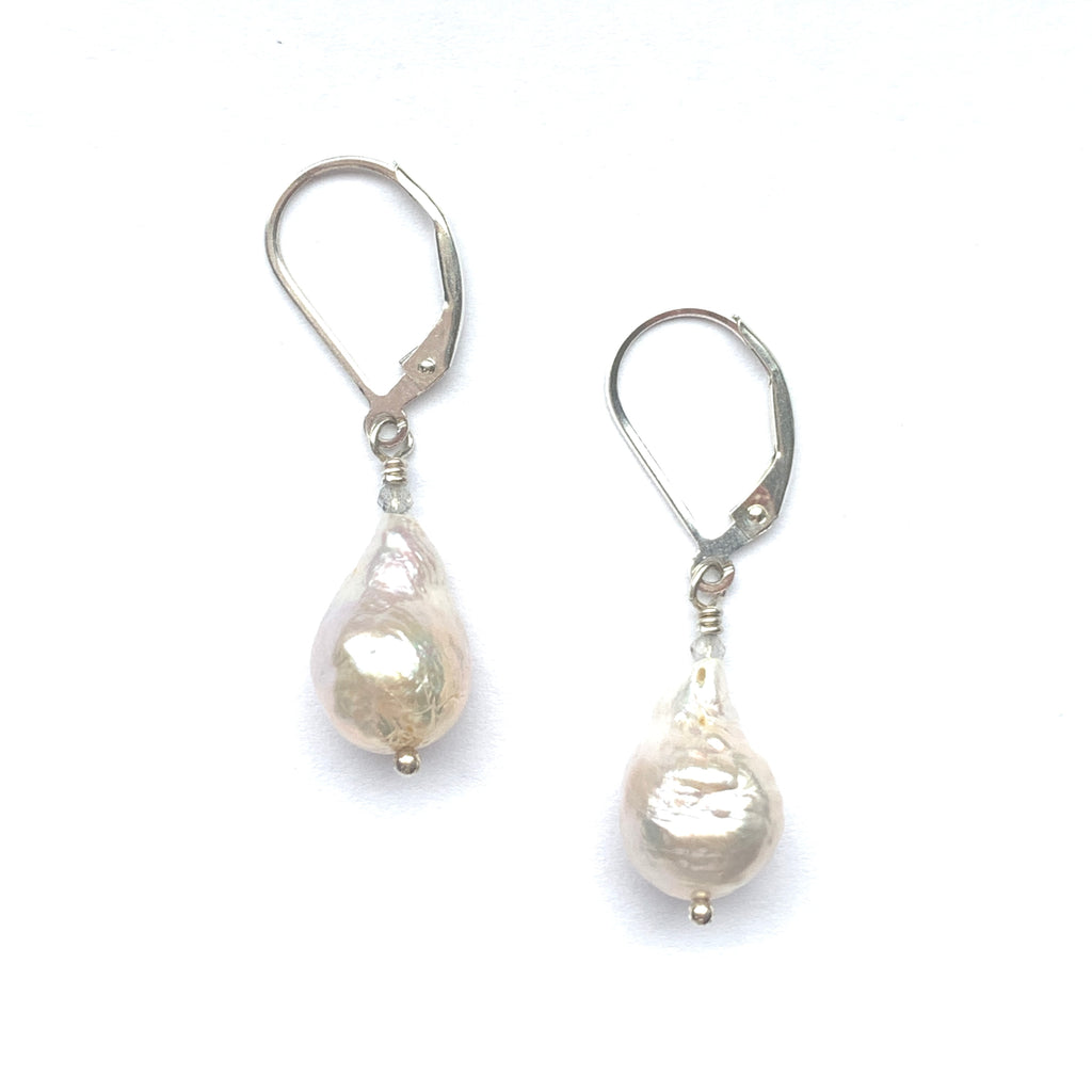 Small Baroque Pearl Earrings With Labradorite on Sterling Silver
