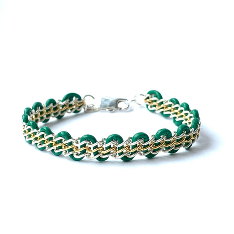 Solid Design Studios Cornelia Bracelet — 14 Karat Gold-Filled & Sterling Silver Chain on Kelly Green Leather