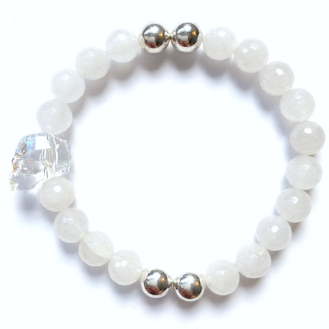 Solid Design Studios Swarovski Crystal Skull With Faceted White Agate & Sterling Silver Stretch Bracelet
