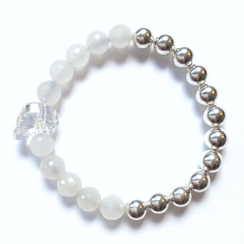 Solid Design Studios Swarovski Crystal Skull With Faceted White Agate & Sterling Silver Stretch Bracelet