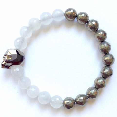 Solid Design Studios Swarovski Crystal Skull With Faceted White Agate & Pyrite Stretch Bracelet