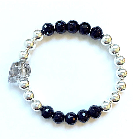 Solid Design Studios Swarovski Crystal Skull With Faceted Onyx & Sterling Silver Stretch Bracelet