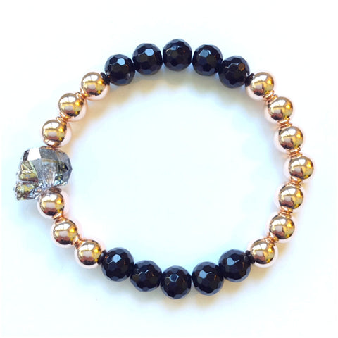 Solid Design Studios Swarovski Crystal Skull With Faceted Onyx & Rose Gold–Filled Stretch Bracelet