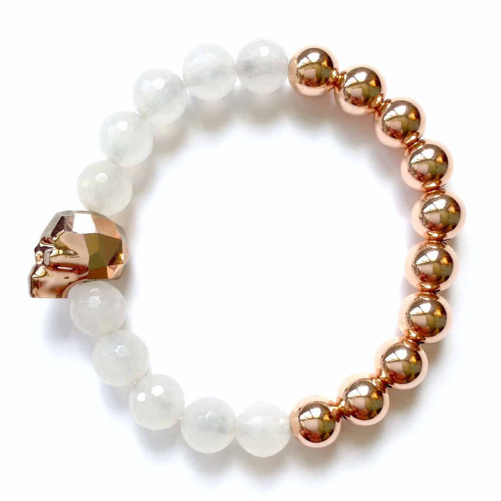 Solid Design Studios Swarovski Crystal Skull With Faceted White Agate & Rose Gold–Filled Stretch Bracelet