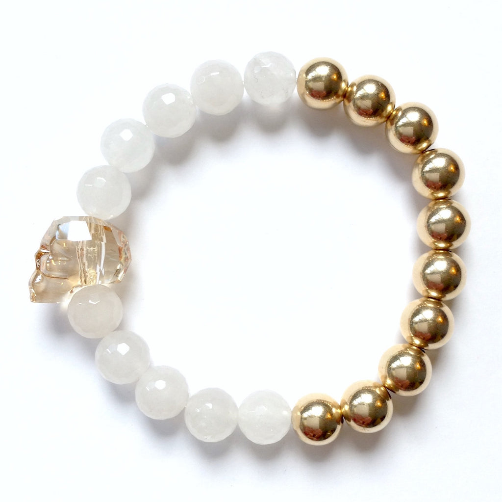 Solid Design Studios Swarovski Crystal Skull With Faceted White Agate & Gold–Filled Stretch Bracelet