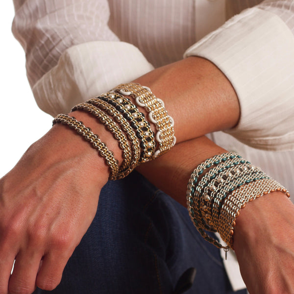 Halifax Bracelet — Sterling Silver & 14k Gold-Filled Chain With Sterling Beads on Black LeatherHalifax Bracelet — Sterling Silver Chain With Sterling Beads on Grey Leather