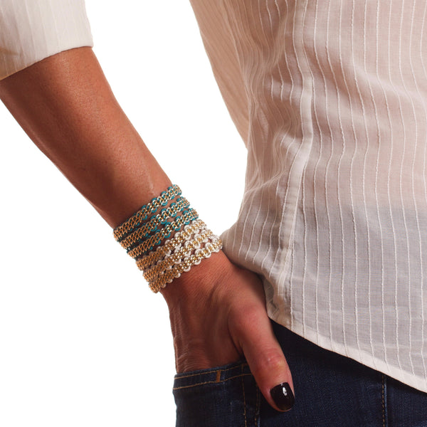 Braemar Wrap Bracelet — Sterling Silver & 14k Gold-Filled Chain on Turquoise Leather and on White Leather