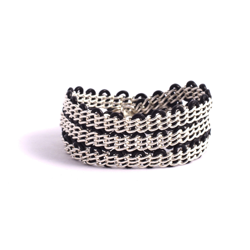 Braemar Wrap Bracelet — Sterling Silver Chain on Black Leather