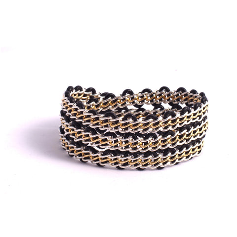 Braemar Wrap Bracelet - Sterling Silver and 14-Karat-Gold-Filled Chain on Black Leather