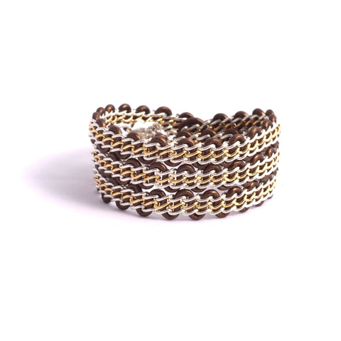 Braemar Wrap Bracelet - Sterling Silver and 14-Karat-Gold-Filled Chain on Bronze Leather