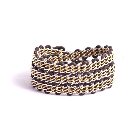 Braemar Wrap Bracelet — Sterling Silver & 14k Gold-Filled Chain on Grey Leather