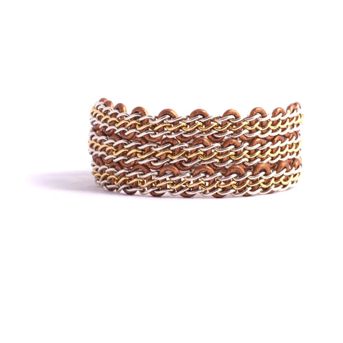 Braemar Wrap Bracelet — Sterling Silver & Gold-Filled Chain on Metallic Copper Leather