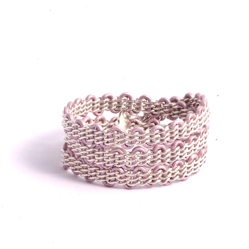 Braemar Wrap Bracelet — Sterling Silver Chain on Metallic Light Pink Leather