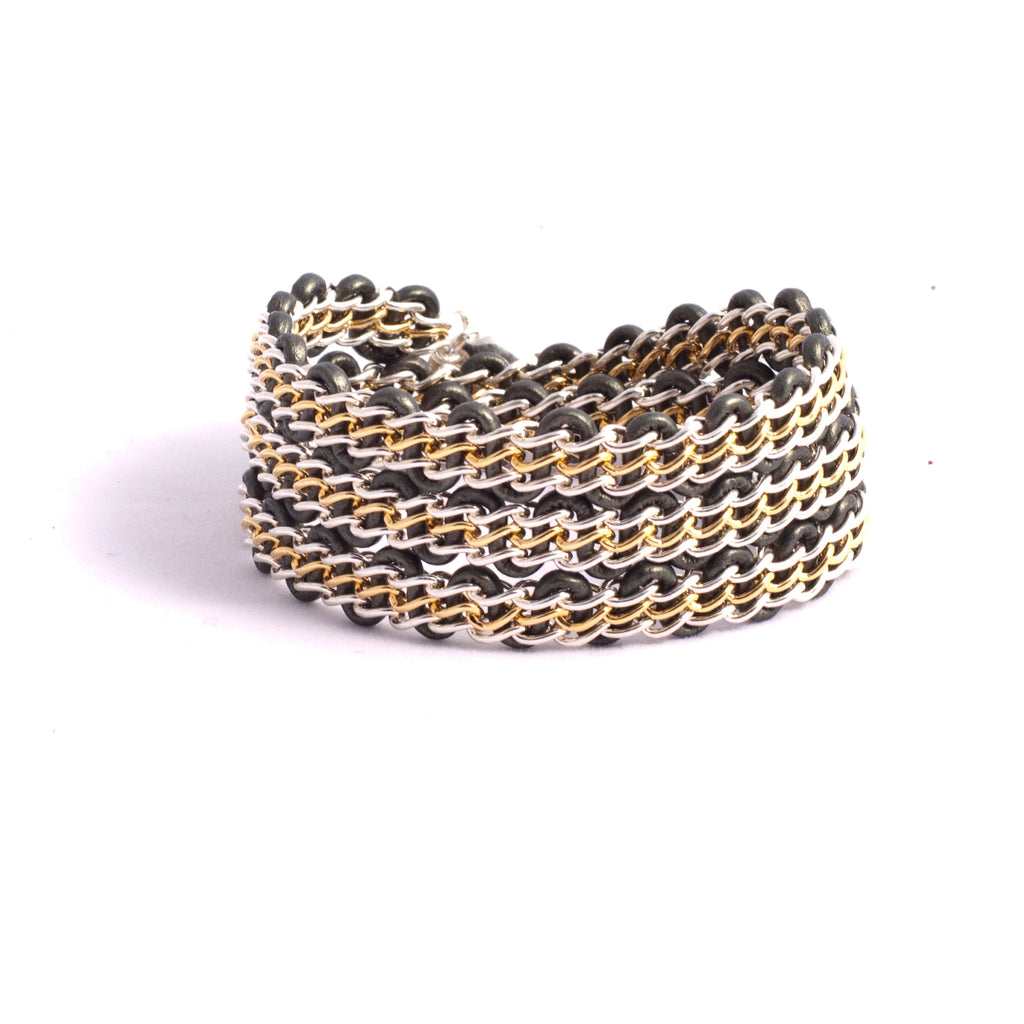 Braemar Wrap Bracelet — Sterling Silver & 14k Gold-Filled Chain on Metallic Sage Green Leather