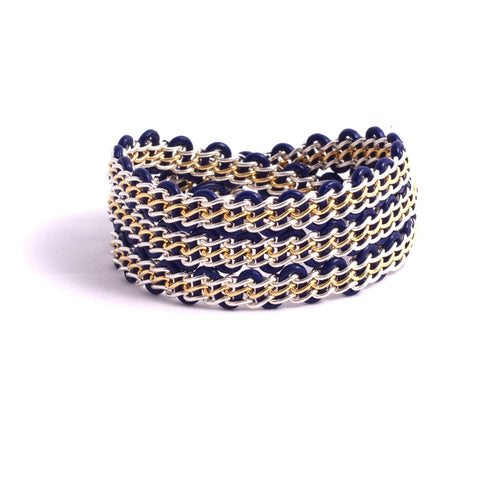 Braemar Wrap Bracelet — Sterling Silver & 14k Gold-Filled Chain on Navy Leather