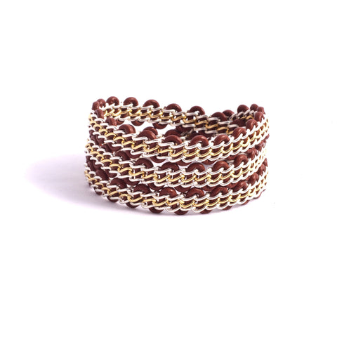 Braemar Wrap Bracelet — Sterling Silver & 14k Gold-Filled Chain on Saddle Leather