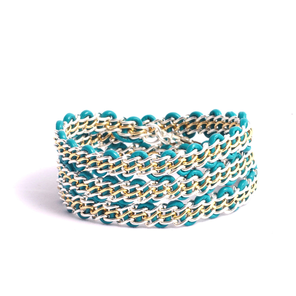 Braemar Wrap Bracelet — Sterling Silver & 14k Gold-Filled Chain on Turquoise Leather