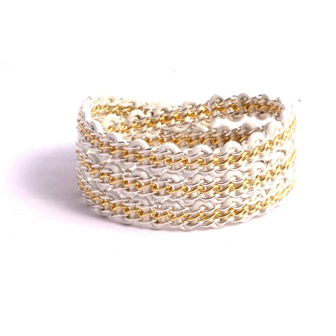 Braemar Wrap Bracelet — Sterling Silver & 14k Gold-Filled Chain on White Leather