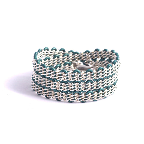 Braemar Wrap Bracelet — Sterling Silver Chain on Metallic Teal Leather