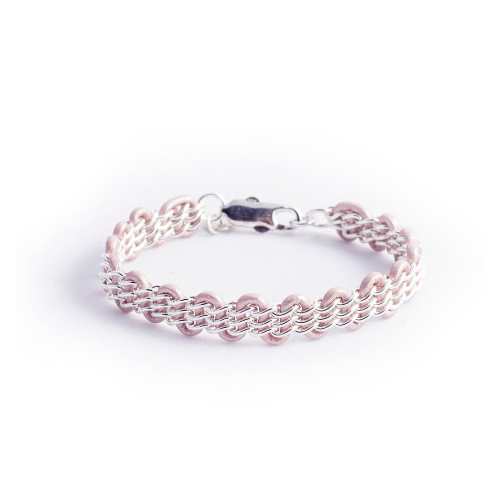 Cornelia Bracelet — Sterling Silver Chain on Metallic Light Pink Leather