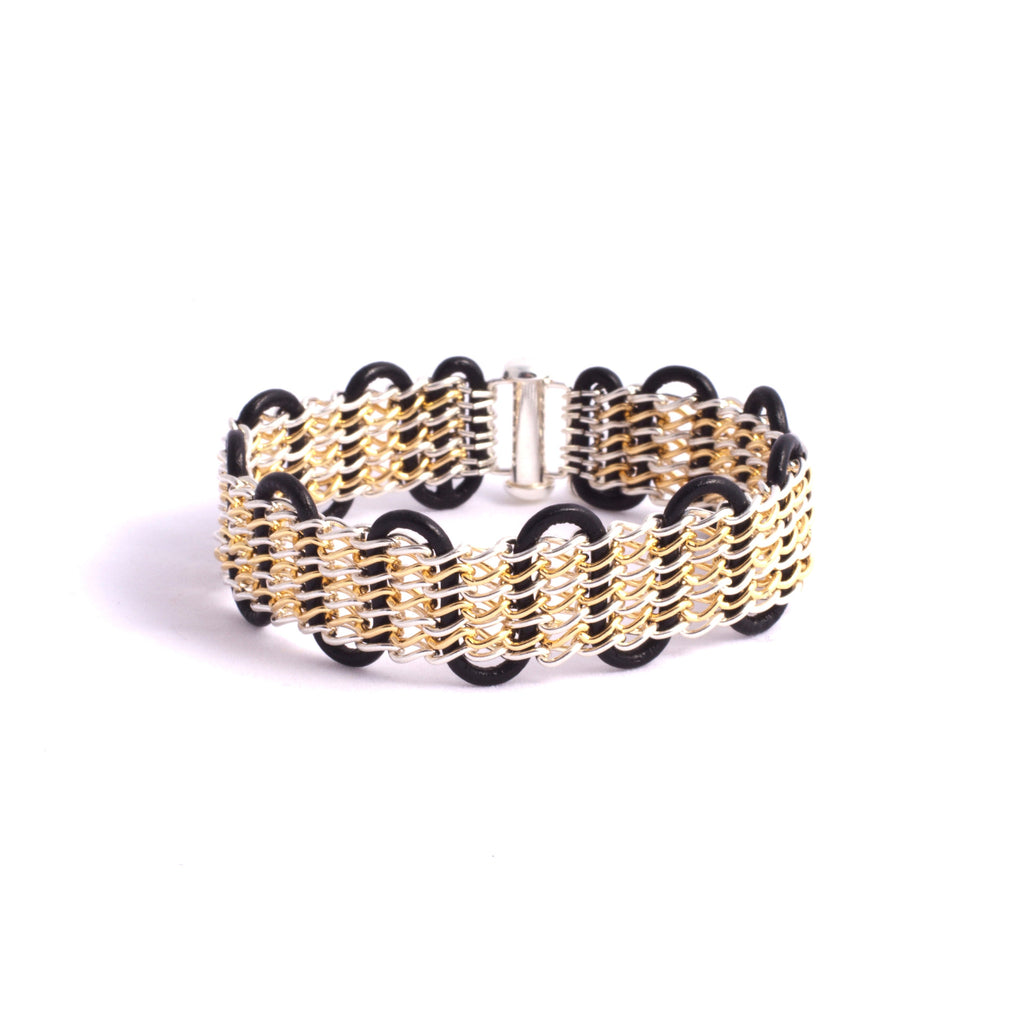 Galway Bracelet — Sterling Silver & 14k Gold-Filled Chain on Black Leather