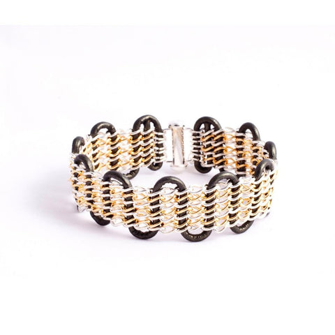 Galway Bracelet — Sterling Silver & 14k Gold-Filled Chain on Metallic Sage Green Leather