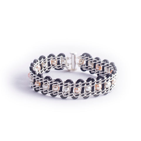 Halifax Bracelet — Sterling Silver Chain With Peach and Ivory Pearls on Black Leather