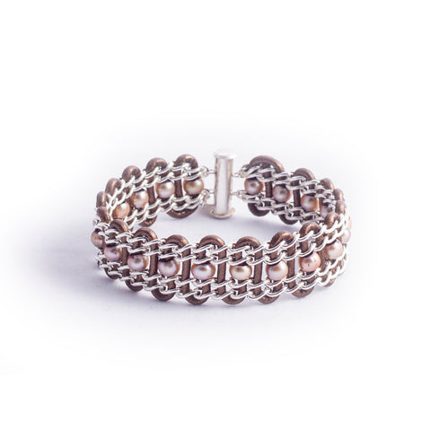 Halifax Bracelet — Sterling Silver Chain With Champagne Pearls on Bronze Leather