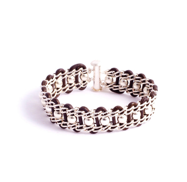 Halifax Bracelet — Sterling Silver Chain With Sterling Beads on Grey Leather