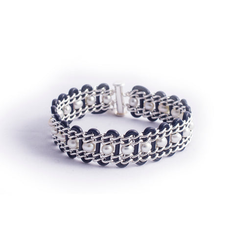 Halifax Bracelet — Sterling Silver Chain With Ivory Pearls on Midnight Leather