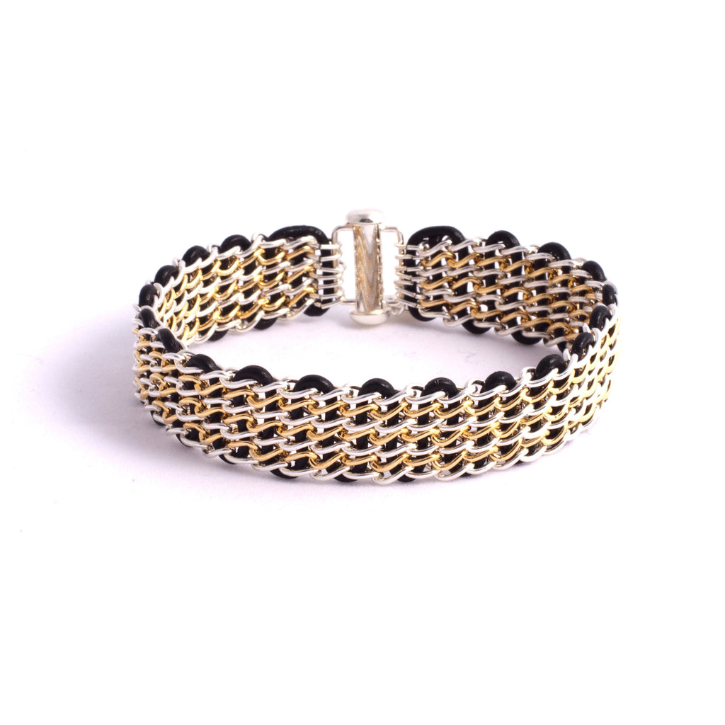 Lanham Bracelet — Sterling Silver & 14k Gold-Filled Chain on Black Leather
