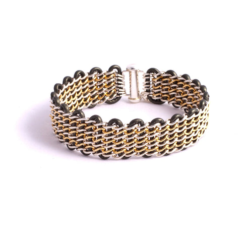 Lanham Bracelet — Sterling Silver & 14k Gold-Filled Chain on Metallic Sage Green Leather