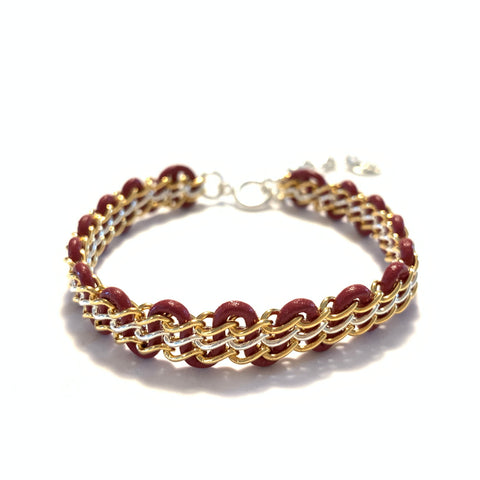 Solid Design Studios SPECIAL EDITION! U of M Cornelia Bracelet — 14 Karat Gold-Filled & Sterling Silver Chain on Maroon Leather