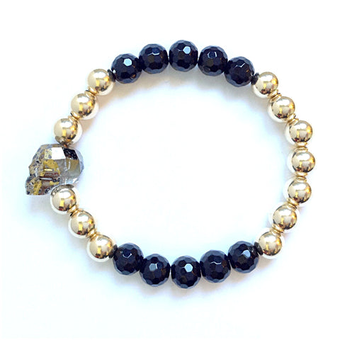 Solid Design Studios Swarovski Crystal Skull With Faceted Onyx & Gold–Filled Stretch Bracelet