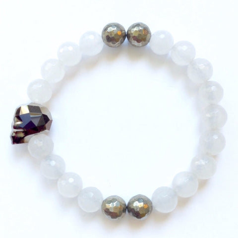Solid Design Studios Swarovski Crystal Skull With Faceted White Agate & Pyrite Stretch Bracelet