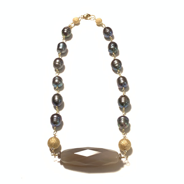 Solid Design Studios Ringed Baroque Peacock Pearl, Grey Quartz & 14k Gold-Filled Short Necklace