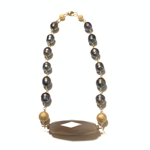 Solid Design Studios Ringed Baroque Peacock Pearl, Grey Quartz & 14k Gold-Filled Short Necklace