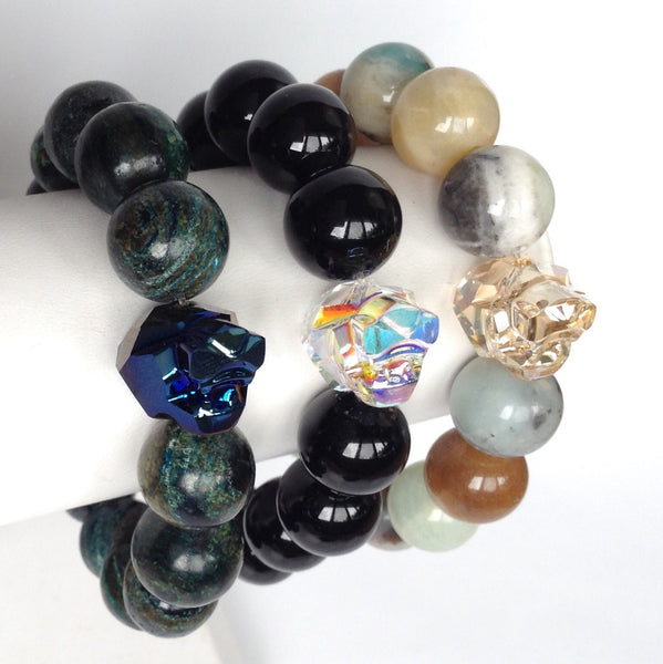 Swarovski Crystal Panther With Onyx Stretch Bracelet