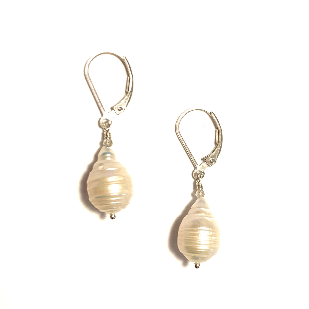 Small Ringed Baroque Pearl Earrings With Labradorite on Sterling Silver