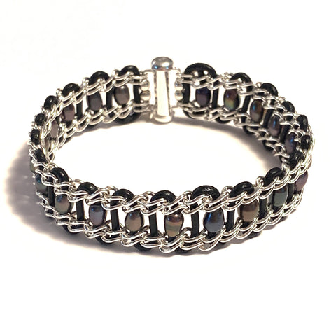 Solid Design Studios Halifax Bracelet — Sterling Silver Chain With Peacock Pearls on Black Leather