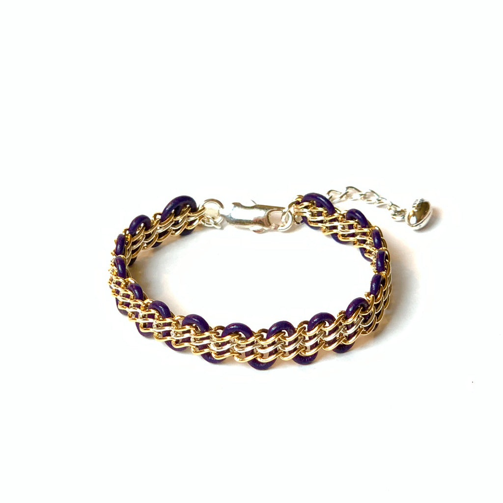 Solid Design Studios SPECIAL EDITION! Purple & Gold Cornelia Bracelet — 14 Karat Gold- Filled & Sterling Silver Chain on Indigo Leather