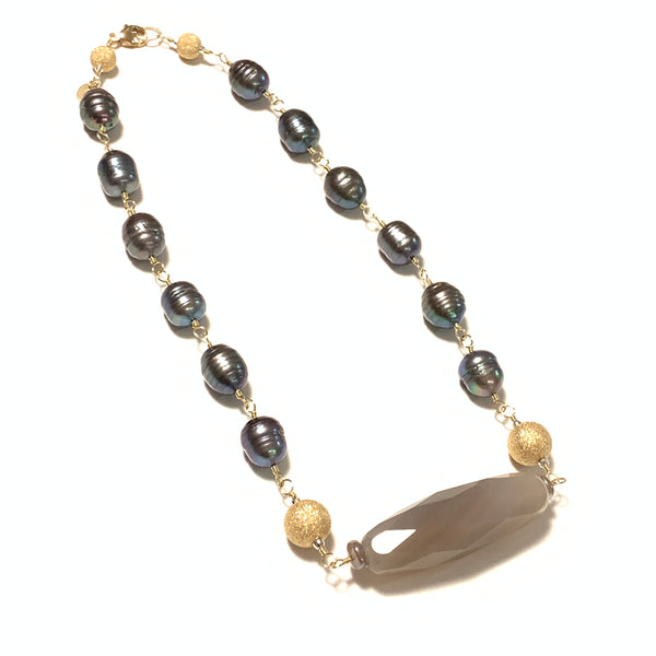 Solid Design Studios Ringed Baroque Peacock Pearl, Grey Quartz & 14k Gold-Filled Short Necklace